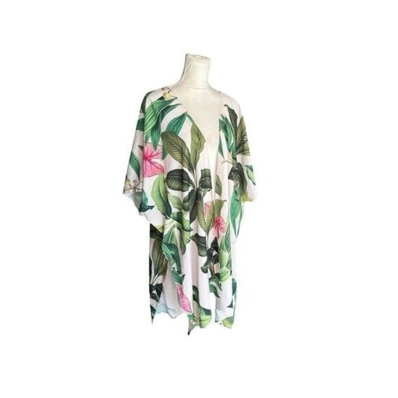 Tropical Leaf Print Kimono Cardigan 1XL/G1 Open Front Lightweight Cover-Up - Picture 6 of 8